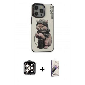 MARSİLYAN™- iPhone 14 Pro Max Kılıf Siluet Modern Özel Seri - Siyah Bilvis 3D Mat Cam Ekran Koruyucu + PVD Metal Kamera Lens - TU