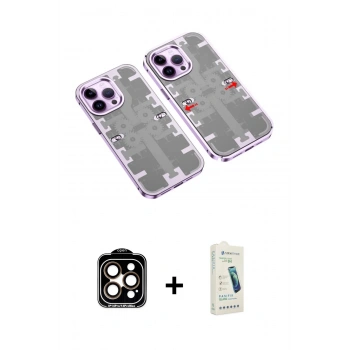 MARSİLYAN™- iPhone 14 Pro Max Kılıf Ufuk Doku Prime - Şeffaf Pasifik Cam Ekran Koruyucu + PVD Metal Kamera Lens - TU