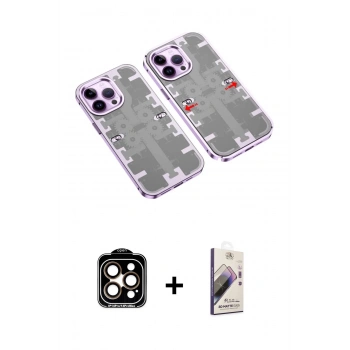 MARSİLYAN™- iPhone 14 Pro Max Kılıf Ufuk Doku Prime - Siyah Bilvis 3D Mat Cam Ekran Koruyucu + PVD Metal Kamera Lens - TU