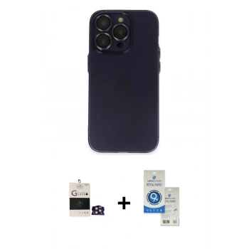MARSİLYAN™- iPhone 14 Pro Max Kılıf Ufuk Minimal Özel Seri - Şeffaf Royal Nano Ekran Koruyucu + Bilvis Titan Kamera Lens - GD