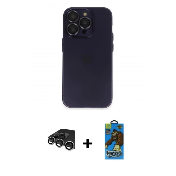 MARSİLYAN™- iPhone 14 Pro Max Kılıf Ufuk Minimal Özel Seri - Siyah 18D Cam Ekran Koruyucu + Raze Metal Kamera Lens - GS