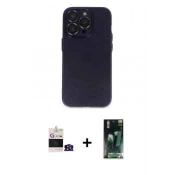 MARSİLYAN™- iPhone 14 Pro Max Kılıf Ufuk Minimal Özel Seri - Siyah 360 Mat Full Body Arka Koruyucu + Bilvis Titan Kamera Lens - DNMR