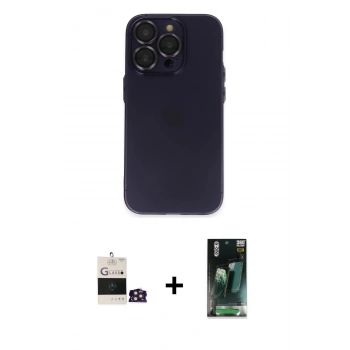 MARSİLYAN™- iPhone 14 Pro Max Kılıf Ufuk Minimal Özel Seri - Siyah 360 Mat Full Body Arka Koruyucu + Bilvis Titan Kamera Lens - GD