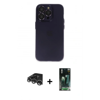 MARSİLYAN™- iPhone 14 Pro Max Kılıf Ufuk Minimal Özel Seri - Siyah 360 Mat Full Body Arka Koruyucu + Raze Metal Kamera Lens - GS