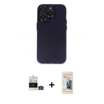 MARSİLYAN™- iPhone 14 Pro Max Kılıf Ufuk Minimal Özel Seri - Siyah 6D Mat Seramik Hayalet Nano Ekran Koruyucu + Bilvis Titan Kamera Lens - GS
