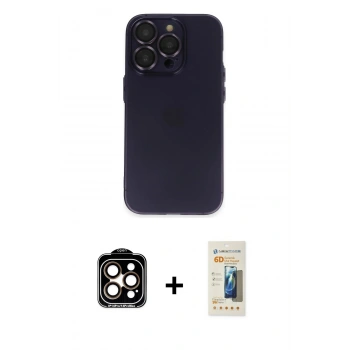 MARSİLYAN™- iPhone 14 Pro Max Kılıf Ufuk Minimal Özel Seri - Siyah 6D Mat Seramik Hayalet Nano Ekran Koruyucu + PVD Metal Kamera Lens - TU