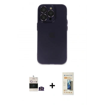 MARSİLYAN™- iPhone 14 Pro Max Kılıf Ufuk Minimal Özel Seri - Siyah 6D Mat Seramik Hayalet Nano Ekran Koruyucu + Bilvis Titan Kamera Lens - GD