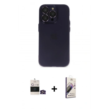 MARSİLYAN™- iPhone 14 Pro Max Kılıf Ufuk Minimal Özel Seri - Siyah Bilvis 3D Mat Cam Ekran Koruyucu + Bilvis Titan Kamera Lens - GD