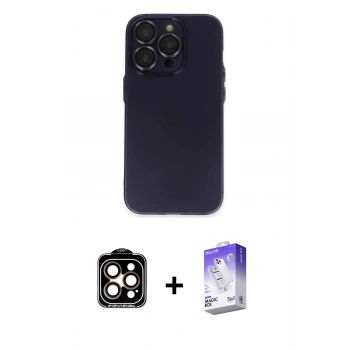 MARSİLYAN™- iPhone 14 Pro Max Kılıf Ufuk Minimal Özel Seri - Siyah Bilvis 5in1 3D Magic Cam Ekran Koruyucu + PVD Metal Kamera Lens - TU