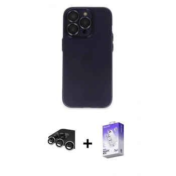 MARSİLYAN™- iPhone 14 Pro Max Kılıf Ufuk Minimal Özel Seri - Siyah Bilvis 5in1 3D Magic Cam Ekran Koruyucu + Raze Metal Kamera Lens - GS
