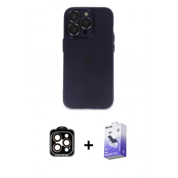 MARSİLYAN™- iPhone 14 Pro Max Kılıf Ufuk Minimal Özel Seri - Siyah Bilvis 5in1 5D Magic Hayalet Cam Ekran Koruyucu + PVD Metal Kamera Lens - TU