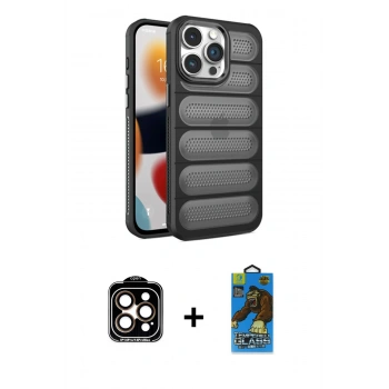 MARSİLYAN™- iPhone 14 Pro Max Kılıf Yadigar Doku Özel Seri - Siyah 18D Cam Ekran Koruyucu + PVD Metal Kamera Lens - TU