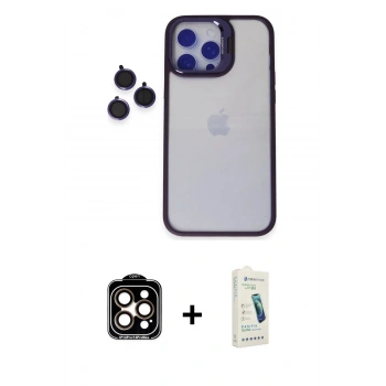 MARSİLYAN™- iPhone 14 Pro Max Kılıf Yankı Asil Serisi - Şeffaf Pasifik Cam Ekran Koruyucu + PVD Metal Kamera Lens - TU