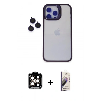 MARSİLYAN™- iPhone 14 Pro Max Kılıf Yankı Asil Serisi - Siyah Bilvis 3D Mat Cam Ekran Koruyucu + PVD Metal Kamera Lens - TU