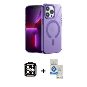 MARSİLYAN™- iPhone 14 Pro Max Kılıf Yankı Çizgi - Şeffaf Royal Nano Ekran Koruyucu + PVD Metal Kamera Lens - TU