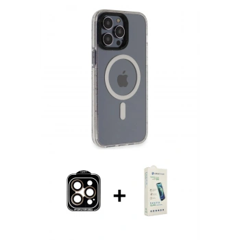 MARSİLYAN™- iPhone 14 Pro Max Kılıf Yankı Işık Prime - Şeffaf Pasifik Cam Ekran Koruyucu + PVD Metal Kamera Lens - TU