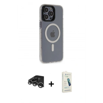 MARSİLYAN™- iPhone 14 Pro Max Kılıf Yankı Işık Prime - Şeffaf Pasifik Cam Ekran Koruyucu + Raze Metal Kamera Lens - GS