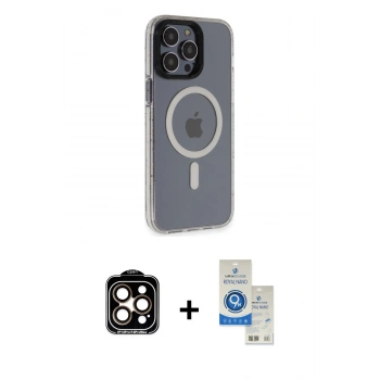 MARSİLYAN™- iPhone 14 Pro Max Kılıf Yankı Işık Prime - Şeffaf Royal Nano Ekran Koruyucu + PVD Metal Kamera Lens - TU