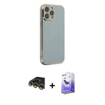 MARSİLYAN™- iPhone 14 Pro Max Kılıf Yankı Serisi - Siyah Bilvis 5in1 5D Magic Hayalet Cam Ekran Koruyucu + Raze Metal Kamera Lens - GD