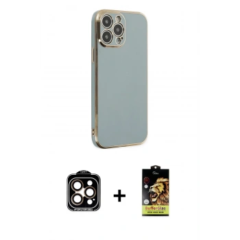 MARSİLYAN™- iPhone 14 Pro Max Kılıf Yankı Serisi - Siyah Buffer Cam Ekran Koruyucu + PVD Metal Kamera Lens - TU