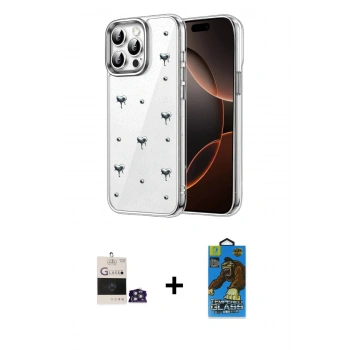 MARSİLYAN™- iPhone 14 Pro Max Kılıf Yörünge Form - Siyah 18D Cam Ekran Koruyucu + Bilvis Titan Kamera Lens - GS