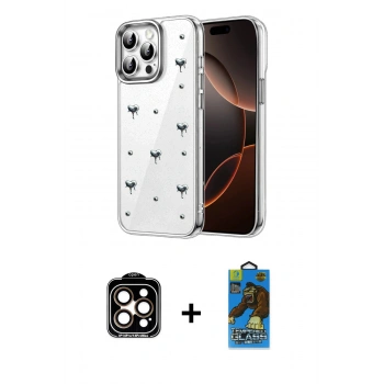 MARSİLYAN™- iPhone 14 Pro Max Kılıf Yörünge Form - Siyah 18D Cam Ekran Koruyucu + PVD Metal Kamera Lens - TU