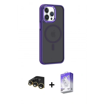 MARSİLYAN™- iPhone 14 Pro Max Kılıf Yörünge Klasik - Siyah Bilvis 5in1 3D Magic Cam Ekran Koruyucu + Raze Metal Kamera Lens - GD