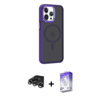 MARSİLYAN™- iPhone 14 Pro Max Kılıf Yörünge Klasik - Siyah Bilvis 5in1 3D Magic Cam Ekran Koruyucu + Raze Metal Kamera Lens - GS