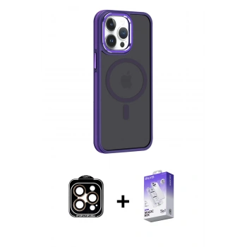 MARSİLYAN™- iPhone 14 Pro Max Kılıf Yörünge Klasik - Siyah Bilvis 5in1 3D Magic Cam Ekran Koruyucu + PVD Metal Kamera Lens - TU