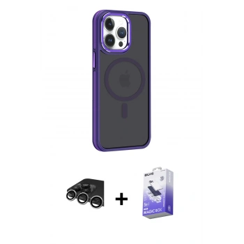 MARSİLYAN™- iPhone 14 Pro Max Kılıf Yörünge Klasik - Siyah Bilvis 5in1 5D Magic Hayalet Cam Ekran Koruyucu + Raze Metal Kamera Lens - GS