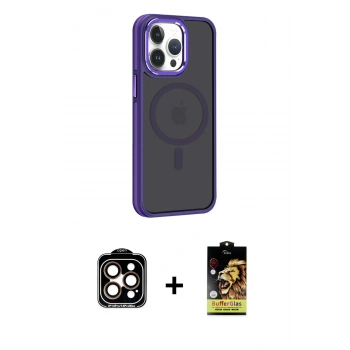 MARSİLYAN™- iPhone 14 Pro Max Kılıf Yörünge Klasik - Siyah Buffer Cam Ekran Koruyucu + PVD Metal Kamera Lens - TU