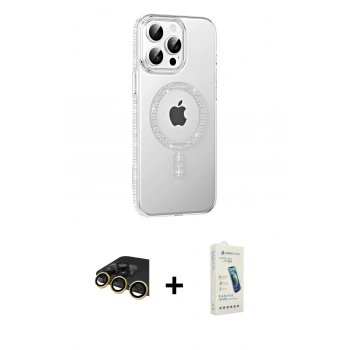 MARSİLYAN™- iPhone 14 Pro Max Kılıf Yörünge Koleksiyonu - Şeffaf Pasifik Cam Ekran Koruyucu + Raze Metal Kamera Lens - GD
