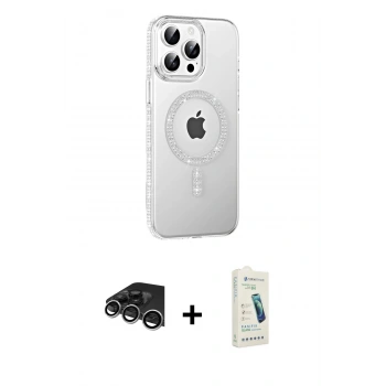 MARSİLYAN™- iPhone 14 Pro Max Kılıf Yörünge Koleksiyonu - Şeffaf Pasifik Cam Ekran Koruyucu + Raze Metal Kamera Lens - GS