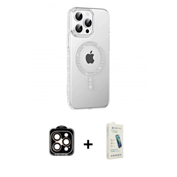 MARSİLYAN™- iPhone 14 Pro Max Kılıf Yörünge Koleksiyonu - Şeffaf Pasifik Cam Ekran Koruyucu + PVD Metal Kamera Lens - TU