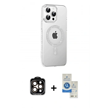 MARSİLYAN™- iPhone 14 Pro Max Kılıf Yörünge Koleksiyonu - Şeffaf Royal Nano Ekran Koruyucu + PVD Metal Kamera Lens - TU