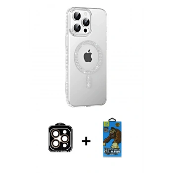 MARSİLYAN™- iPhone 14 Pro Max Kılıf Yörünge Koleksiyonu - Siyah 18D Cam Ekran Koruyucu + PVD Metal Kamera Lens - TU