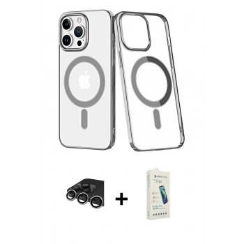 MARSİLYAN™- iPhone 14 Pro Max Kılıf Yörünge Minimal - Şeffaf Pasifik Cam Ekran Koruyucu + Raze Metal Kamera Lens - GS