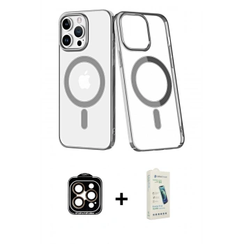 MARSİLYAN™- iPhone 14 Pro Max Kılıf Yörünge Minimal - Şeffaf Pasifik Cam Ekran Koruyucu + PVD Metal Kamera Lens - TU