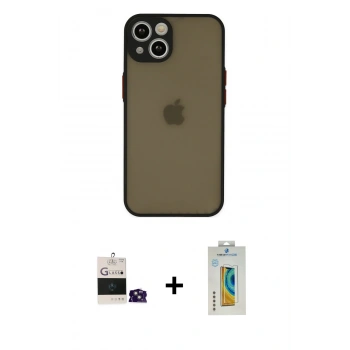 MARSİLYAN™- iPhone 15 Kılıf Ahenk Çizgi Serisi - Siyah Polymer Nano Ekran Koruyucu + Bilvis Titan Kamera Lens - PE