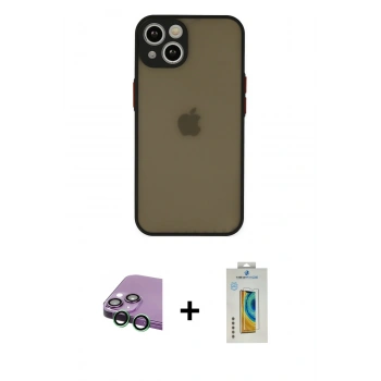 MARSİLYAN™- iPhone 15 Kılıf Ahenk Çizgi Serisi - Siyah Polymer Nano Ekran Koruyucu + Raze Metal Kamera Lens - YL