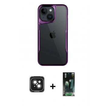 MARSİLYAN™- iPhone 15 Kılıf Akış Çizgi Koleksiyonu - Siyah 360 Mat Full Body Arka Koruyucu + PVD Metal Kamera Lens - YL