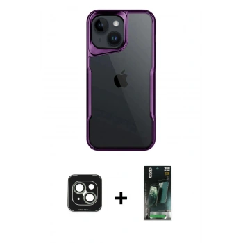 MARSİLYAN™- iPhone 15 Kılıf Akış Çizgi Koleksiyonu - Siyah 360 Mat Full Body Arka Koruyucu + PVD Metal Kamera Lens - YL