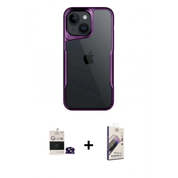 MARSİLYAN™- iPhone 15 Kılıf Akış Çizgi Koleksiyonu - Siyah Bilvis 3D Mat Cam Ekran Koruyucu + Bilvis Titan Kamera Lens - PE