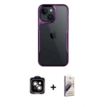 MARSİLYAN™- iPhone 15 Kılıf Akış Çizgi Koleksiyonu - Siyah Bilvis 3D Mat Cam Ekran Koruyucu + PVD Metal Kamera Lens - TU