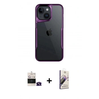 MARSİLYAN™- iPhone 15 Kılıf Akış Çizgi Koleksiyonu - Siyah Bilvis 3D Mat Cam Ekran Koruyucu + Bilvis Titan Kamera Lens - YL