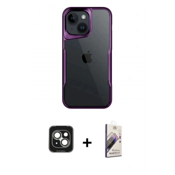 MARSİLYAN™- iPhone 15 Kılıf Akış Çizgi Koleksiyonu - Siyah Bilvis 3D Mat Cam Ekran Koruyucu + PVD Metal Kamera Lens - YL