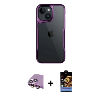 MARSİLYAN™- iPhone 15 Kılıf Akış Çizgi Koleksiyonu - Siyah Buffer Hayalet Cam Ekran Koruyucu + Raze Metal Kamera Lens - PE