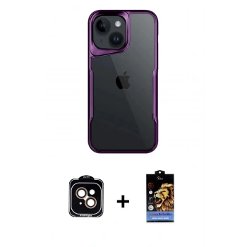 MARSİLYAN™- iPhone 15 Kılıf Akış Çizgi Koleksiyonu - Siyah Buffer Hayalet Cam Ekran Koruyucu + PVD Metal Kamera Lens - TU