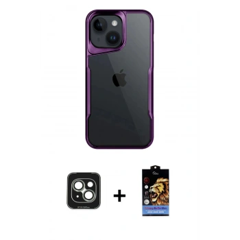 MARSİLYAN™- iPhone 15 Kılıf Akış Çizgi Koleksiyonu - Siyah Buffer Hayalet Cam Ekran Koruyucu + PVD Metal Kamera Lens - YL