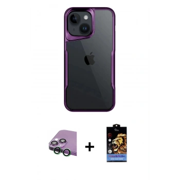MARSİLYAN™- iPhone 15 Kılıf Akış Çizgi Koleksiyonu - Siyah Buffer Hayalet Cam Ekran Koruyucu + Raze Metal Kamera Lens - YL